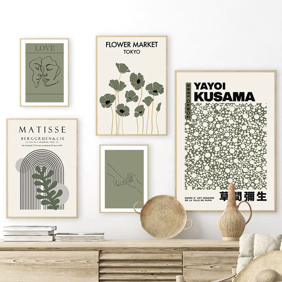 Home Decor Japandi - Zielony Szałwiowy Yayoi Kusama Matisse Kwiatowy
