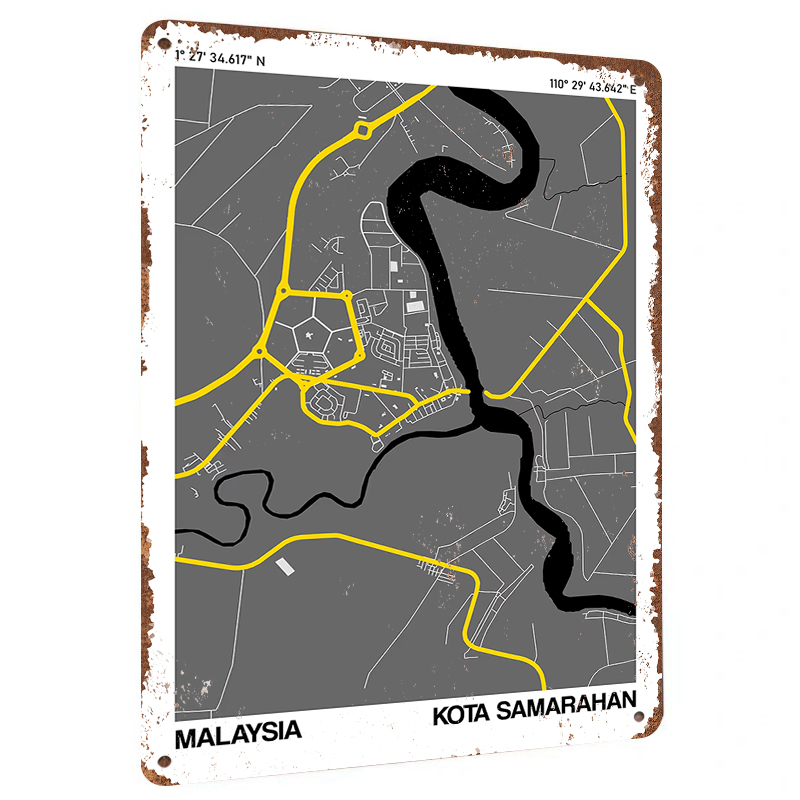 Home Decor Kota - Mapa Kota Samarahan, Malezja, grafika metalowa,