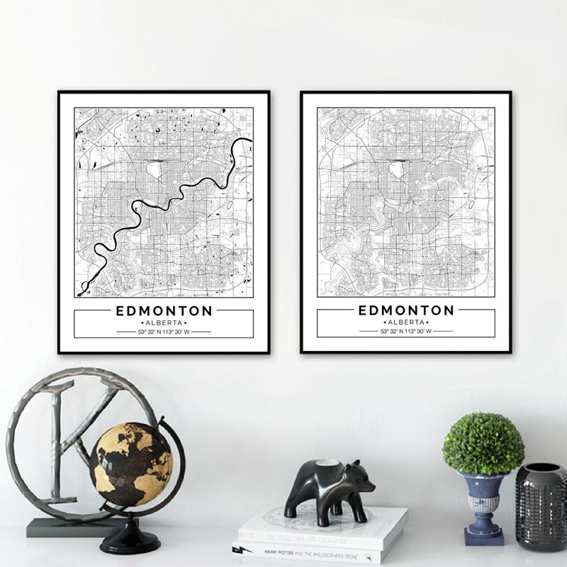 Home Decor Canada - Edmonton Alberta mapa czarny biały plakat